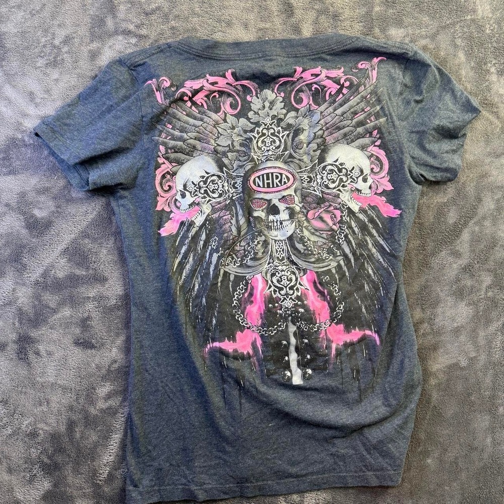 NHRA Womens Large Gray Skull Wing Cross Graphic V-Neck Tee Drag Racing Y2K